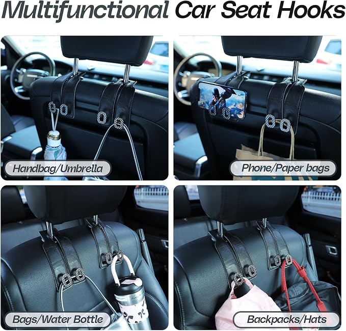 Car Headrest Hooks Universal Car Purse Hook Premium Leather and Alloy Twin Hook Car Seat Back Storage Hanger Hook for Purse Bags Cloth Drink Durable Holder Car Accessories (BH09-Black-Black-4 Pcs)