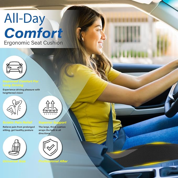 Car Seat Cushion for Driving, Car Seat Pillow for Short Drivers | Ergonomic Memory Foam Seat Cushion for Pain Relief, Adult Booster Seat for Car, Butt Cushion for Car, Truck, Classic Black