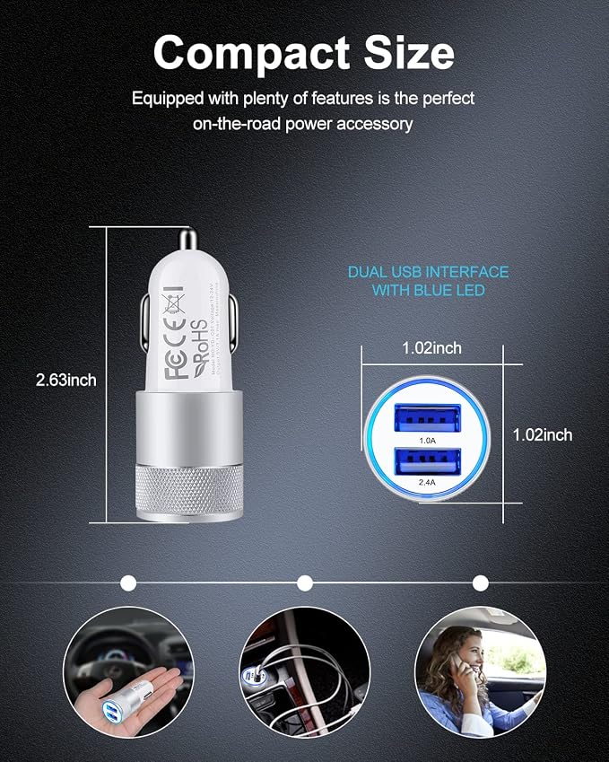 Car Charger, 3.4a Portable Dual Port 12V USB Cargador Carro Lighter Adapter | Cig Socket Adapter for iPhone 17e 17 16E 16 15 14 13 Pro Max Plus, iPad, Tablet, Samsung Galaxy Cigarette Auto Charge