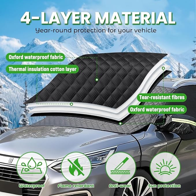 Windshield Cover for Ice and Snow - Universal Windshield Cover Fit for Car, SUV, Truck, 600D Oxford Fabric Winter Frost Protector for Ice & Sleet, Includes 2 Side Mirror Covers, XL Black