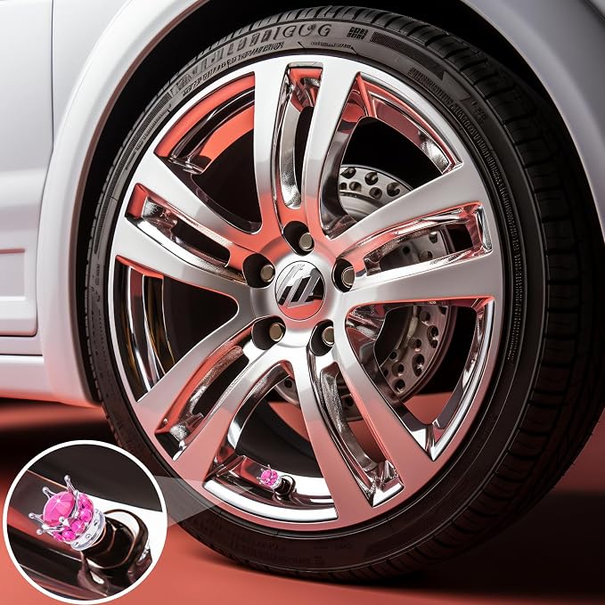 4PCS Crown Bling Tire Stem Valve Caps, Crystal Diamond Car Wheel Tire Valve Caps Universal Copper Core Stem Covers for Cars, SUV, Trucks, Bikes, Motorcycles, Bicycles (Silver & Rose Red)