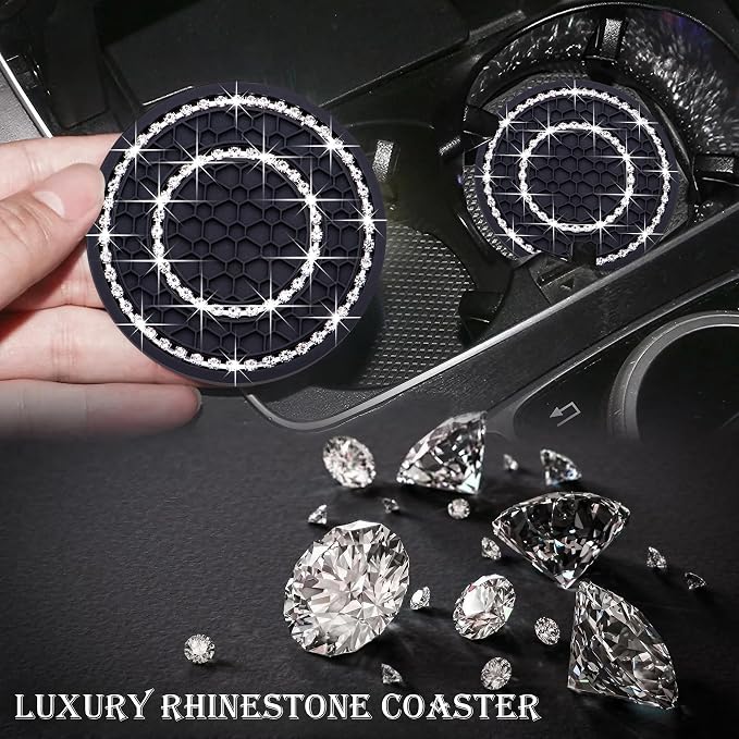 2PCS Bling Crystal Rhinestone Cup Holder Coaster, 2.75 inch Soft Silicone Anti-Slip Shockproof, Car Cup Holder Insert Coasters, Universal Car Interior Accessories for Women (Black & White)