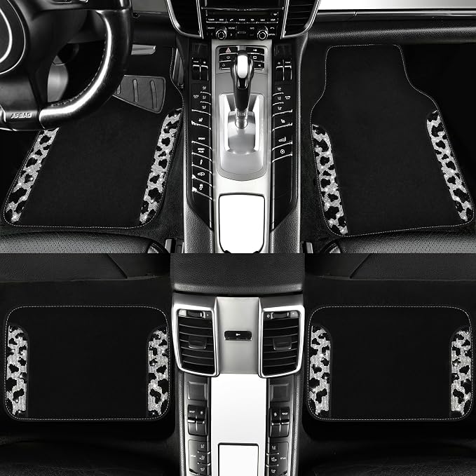 Bling Cow Car Mats Rhinestones Diamond Waterproof Floor Mat Crystal Sparkly Shining Glitter Carpet Anti-Slip PVC Heel Pad, Universal Fit Automotive SUV,Sedan,4pcs Girly Women, Cow Diamond