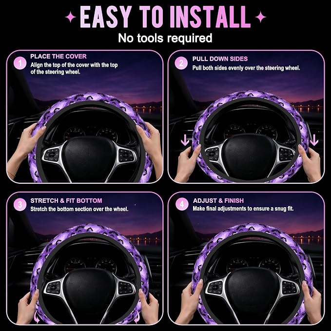 Gothic Purple Black Bats Steering Wheel Cover for Women Men Neoprene Breathable Wheel Cover Protector Anti-Slip Car Accessories Universal 15 Inch Fit for Cars Trucks Vehicles