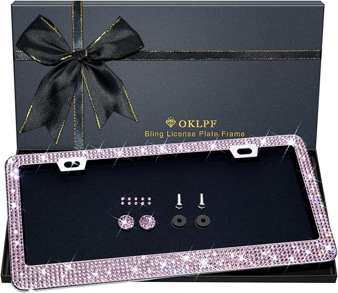 Bling License Plate Frame for Women, 1PCS Sparkly License Plate Frames| Over 1200 pcs 14 Facets Bedazzled Clear Glass Diamond Rhinestone Crystals w/Free Glitter Diamond Box (Pink)