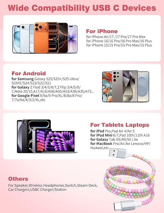 USB A to USB C Cable 6FT,Beaded Charger Cord for iPhone 17 16 Pro Max 17e 16e 15 Car Play,Type C Cute Car Charger Cord for iPad 10 11th/Samsung S26 S25 Ultra S24/Android Phone Girls Women,Pink-Green