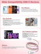 USB A to USB C Cable 3FT,Beaded Charger Cord for iPhone 17 16 Pro Max 17e 16e 15 Car Play,Type C Cute Car Charger Cord for iPad 10 11th/Samsung S26 S25 Ultra S24/Android Phone Girls Women,Pink-Green
