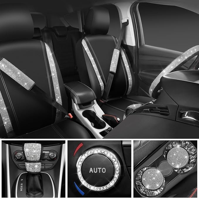 Leather Bling Seat Covers Full Sets 16 pcs, Bling Diamond Car Accessories Set for Women, Sparkly Rhinestone Steering Wheel Cover, Glitter Cute Car Interior Sets for Women Girl, Silver Diamond