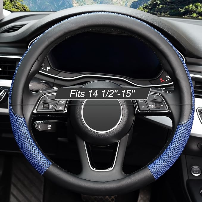 Steering Wheel Cover, Universal 15 inch, Microfiber Leather Viscose, Breathable, Anti-Slip,Warm in Winter and Cool in Summer, Black&Blue