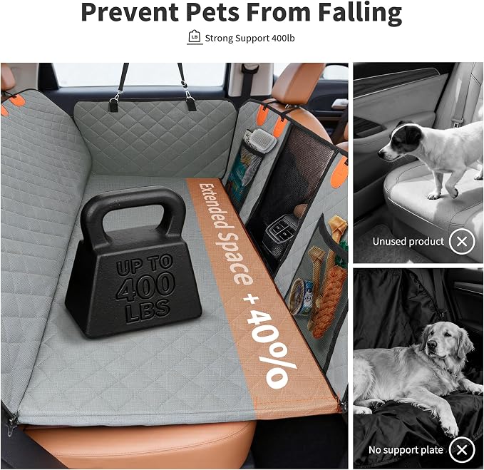 Dog Car Seat Cover 400LBS Hard Bottom Back Seat Extender for Dogs | Waterproof Polyester, Anti-Slip Surface, 3 Removable Hard Plates, Side Storage Pockets, 4-Mode Convertible