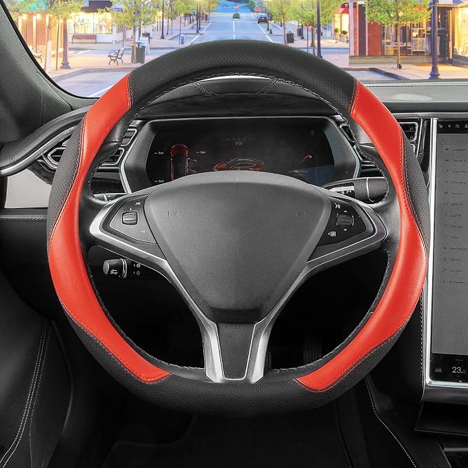 D Shaped Steering Wheel Cover, Flat Bottom Car Wheel Cover 14 1/2-15 in. (37-39 cm), Black and Red Microfiber Leather