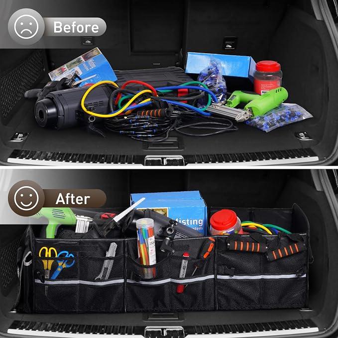 4 in 1 Car Trunk Storage Organizer with Leakproof Cooler Bag, Multi-Compartment Foldable Trunk Storage Box for Car Truck SUV Black