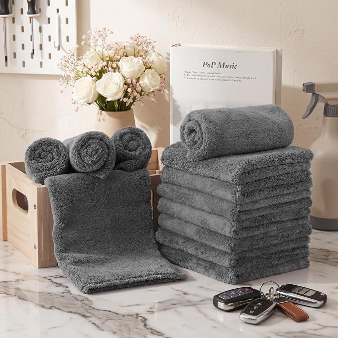 30 Pcs 12.5 × 12.5 Inch Edgeless Microfiber Plush Towels for Cars Detailing Drying Wash Polishing Absorbent Cleaning Cloths, 500 GSM (Gray)