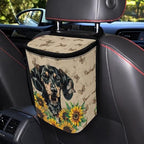 Dachshund Sunflower Butterfly Print Car Trash Can with Lid, Leak Proof Auto Trash Bag Hanging Vehicle Garbage Can Multipurpose Storage Container for Back Seat Road Trip