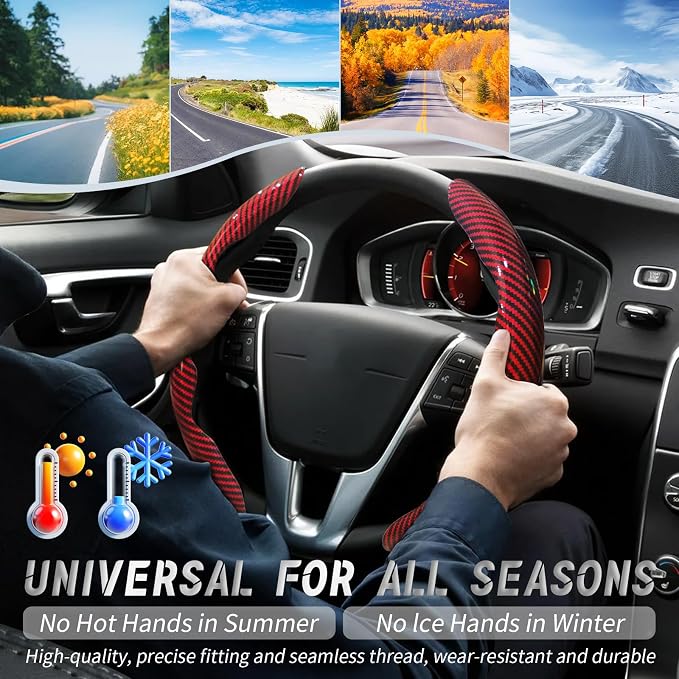 2pcs Car Steering Wheel Cover,Anti-Skid Carbon Fiber Steering Wheel Protector for Men Women,Multiple Color Options,Universal for Most Car Interiors Accessories (Bright Red)