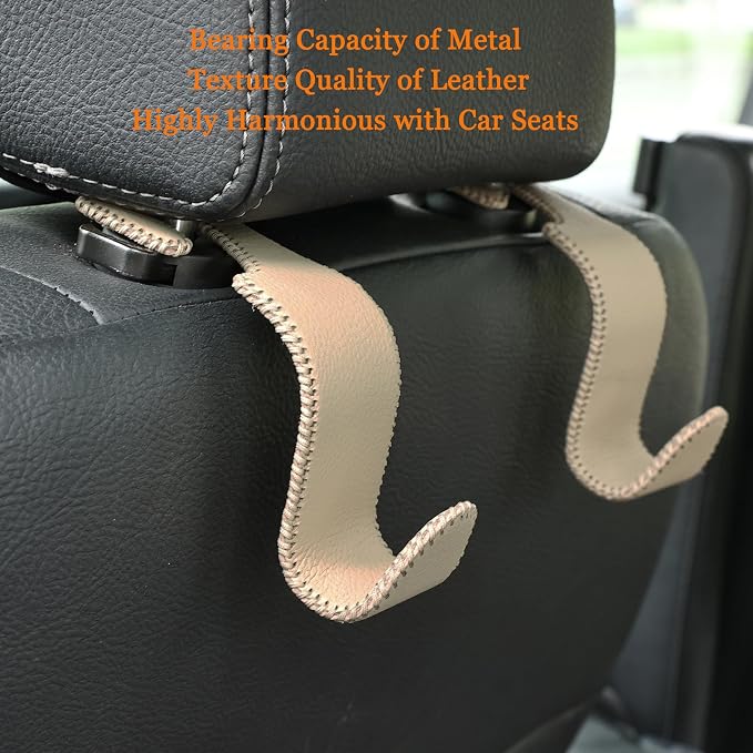 Car Seat Headrest Hook 4 Pack Metal Core Hanger Universal Car Storage Organizer for Handbag Purse Coat S Type Leather Beige