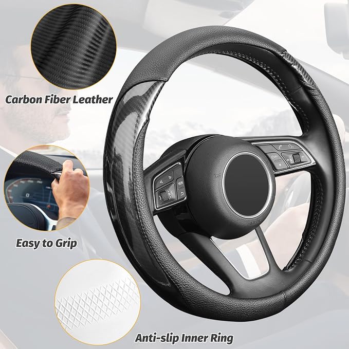 Carbon Fiber Steering Wheel Cover, Universal 15 inch, Anti-Slip, Odorless,Black