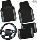 Leather Steering Wheel Cover and Waterproof Car Floor Mats,Microfiber Universal Car Combo Fit for 95% Sedan,SUV,Cars,14.5-15inch Sporty Anti-Slip Safety Comfortable Design(Black＆Reflective)