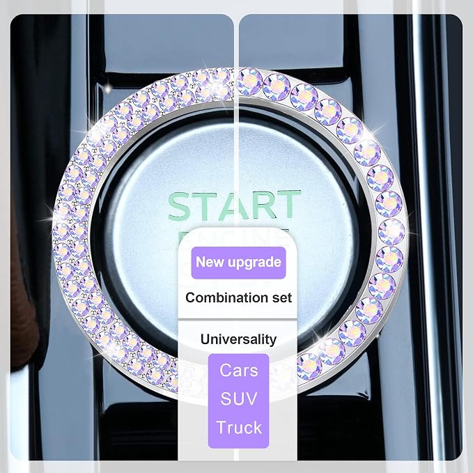 2 PCS Crystal Combinatorial Rhinestone Car Engine Start Decoration Ring, Push to Start Button Cover Sticker, Bling Car Interior Accessories for Women, Automotive Decals, Colorful