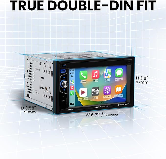 Elite Series BE62CP-C Car Stereo - Apple CarPlay, 6.2 Inch Double Din, Touchscreen, Bluetooth Audio and Calling Head Unit, Radio Receiver, No CD DVD Player, Backup Camera