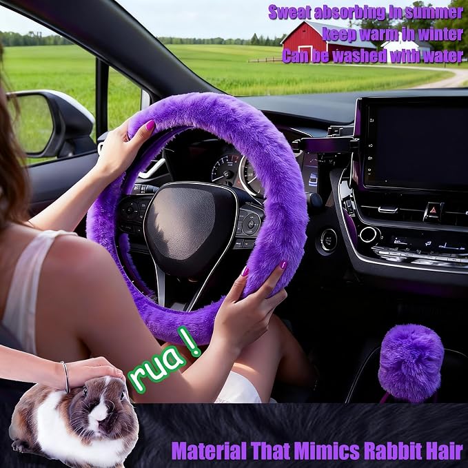 Furry Car Steering Wheel Cover, Heat Absorbing Fluffy Cover, Soft Warm Plush Non-Slip, 14 1/2-15 inch, for Women Girls, Purple