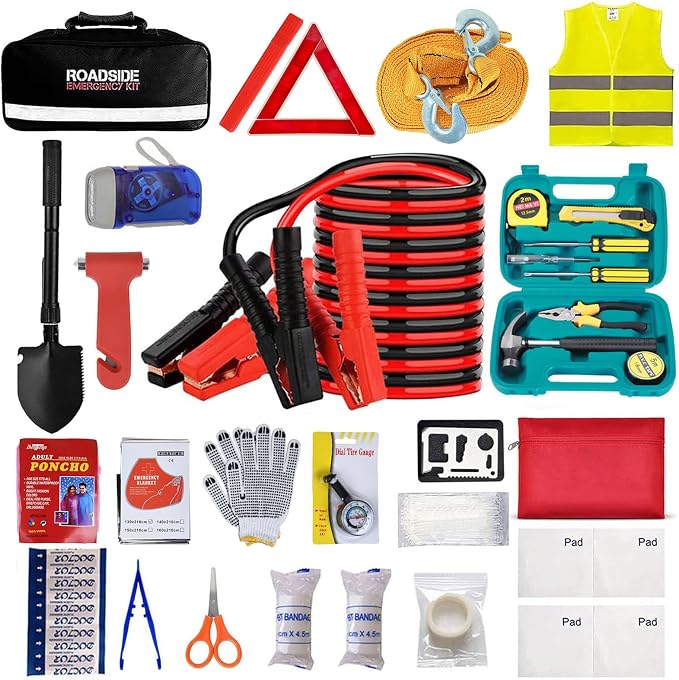 Car Emergency Roadside Tool Kit with Jumper Cable Shovel,Auto Truck Vehicle Assistant Safety Kit Bag for Men Women with First Aid Kit, Winter Basic Automobile Road Side Kit