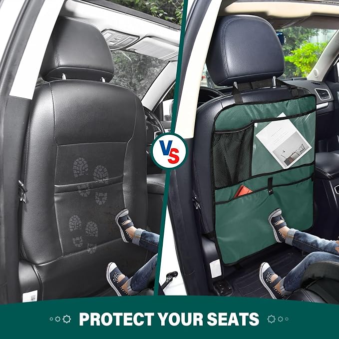 Hunter Green Car Seat Organizer for Kids Backseat Kick Mat with Adjustable Strap Back of Seat Protector for SUV Vehicle Car 2 Pcs