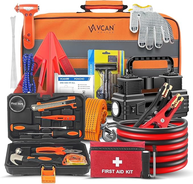 Car Emergency Kit with Portable Air Compressor, First Aid Kit, Jumper Cables, Roadside Safety Emergency Tool Kit for Women, Men, Teen