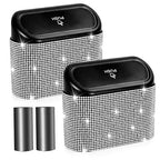 Bling Car Trash Can with Lid - 2 Pack, Mini Auto Garbage Can with 60 Trash Bags, Automotive Garbage Container Bin, Bling Car Accessories Trash Can for Women (Silver Diamond)