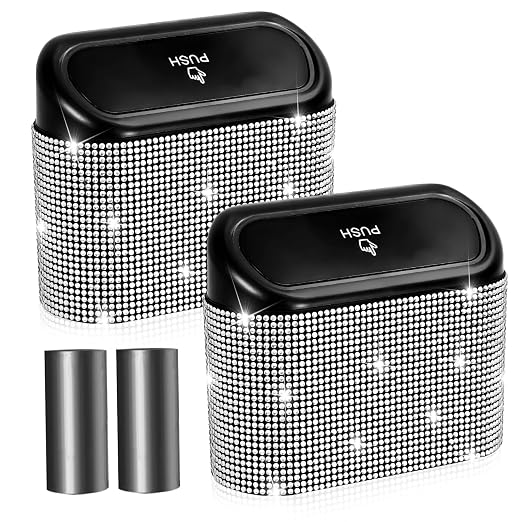 Bling Car Trash Can with Lid - 2 Pack, Mini Auto Garbage Can with 60 Trash Bags, Automotive Garbage Container Bin, Bling Car Accessories Trash Can for Women (Silver Diamond)