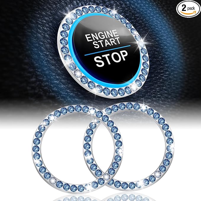 2 PCS Crystal Rhinestone Car Engine Start Stop Decoration Ring, Bling Car Interior Accessories for Women, Push to Start Button Cover Sticker, Automotive Decals, Blue