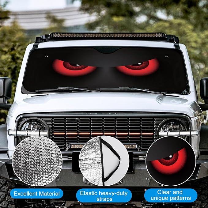 Red Eyes Foldable Windshield Snow Cover, Reflective Accordion Car Windshield Snow Cover, Sun Visor for Car Windshield, Ultimate Heat & UV Protection, Suitable for Most Cars, 54" L x 27.6" W
