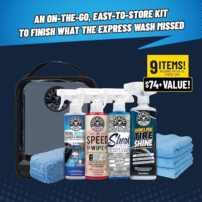 Car Detailing Kit, Interior and Exterior Cleaning, 9-Piece | Includes Tire Shine, Quick Detailer, Total Interior & Glass Cleaner, Microfiber Towels, Applicator & Storage Bag