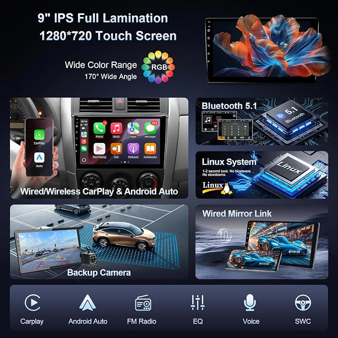 Linux Car Stereo for Toyota Corolla 2008-2012, 9Inch IPS Touchscreen for Corolla Car Radio with Carplay Android Auto Mirror Link FM EQ Backup Camera SWC (for Toyota Corolla 2008-2012)