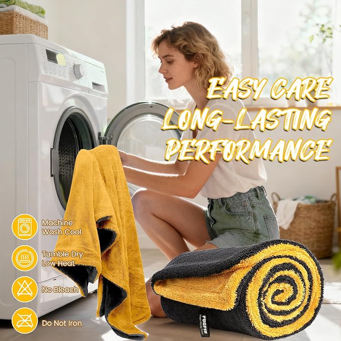 PUGPIU 1400GSM Large Microfiber Car Drying Towel Detailing 24"x36" | XL Super Absorbent Microfiber Towels - Edgeless with Twisted Loop - No Lint Streak for SUV Truck Car Detailing (Yellow)