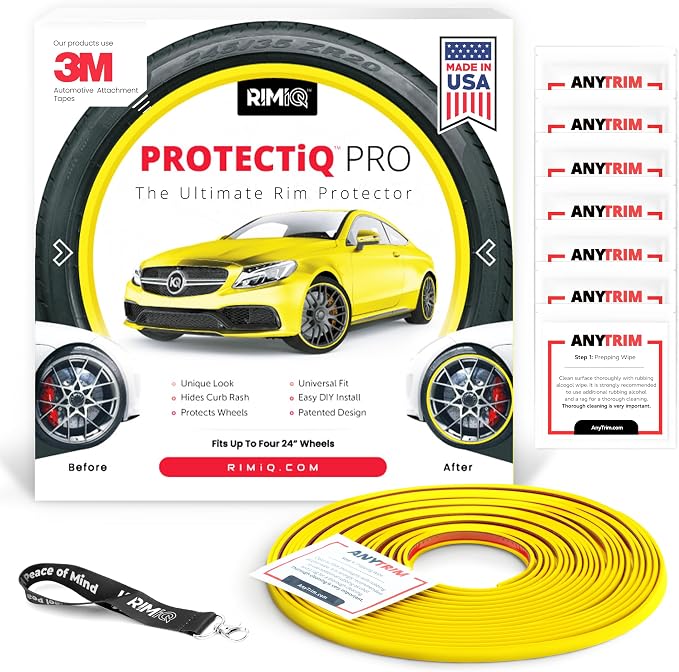 PROTECTiQ PRO Universal Rim Protection Trim - Curb Rash Guard with Award-Winning Patented Design and Premium 3M Tape - Fits Up to 4X 24 Wheels, Cars, Trucks, SUVs - Yellow