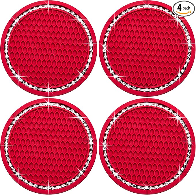 4PCS Bling Cup Holder Coaster, 2.75 Inch Auto Car Cup Holder Insert Coasters, Soft Silicone Anti-Slip Shockproof, Universal Vehicle Interior Accessories for Women Girls (Red & White)