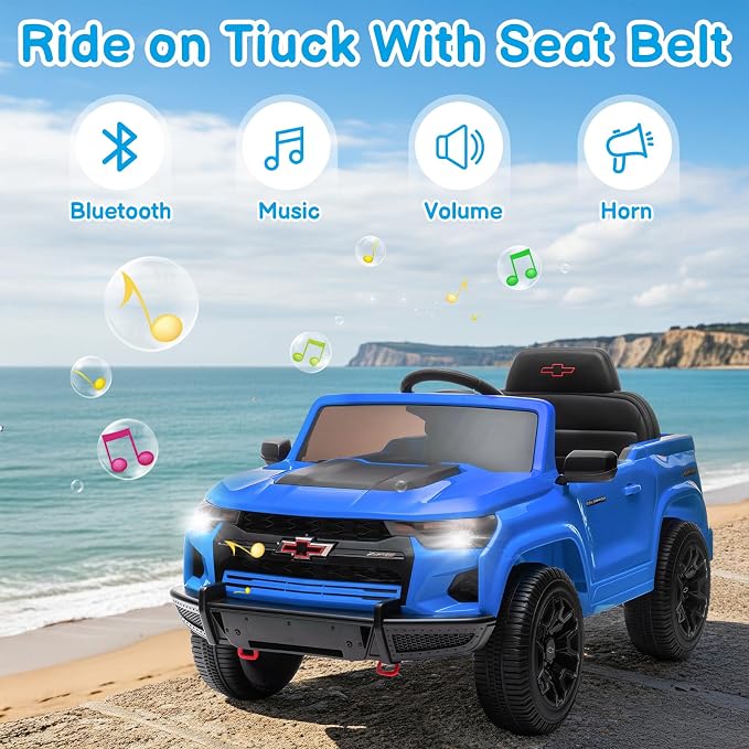 Licensed Chevrolet Colorado Electric Car for Kids, 12V Ride on Toys for Toddlers with Remote Control, Battery Powered Electric Car Ride On Vehicle w/Bluetooth, Soft Start, LED Lights - Blue