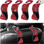 4 PCS Car Seat Headrest Hooks, Bling Crystal Rhinestone Back Seat Hanger Storage Organizer, Sparkly Seatback Holder Hooks for Purse and Bags Universal For Most Vehicles (Red)