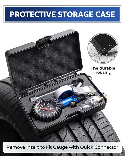 GERCHWAY Tire Inflator with Pressure Gauge Heavy Duty Air Chuck with Gauge for Air Compressor Tire Inflator Attachment - 100PSI, with Case