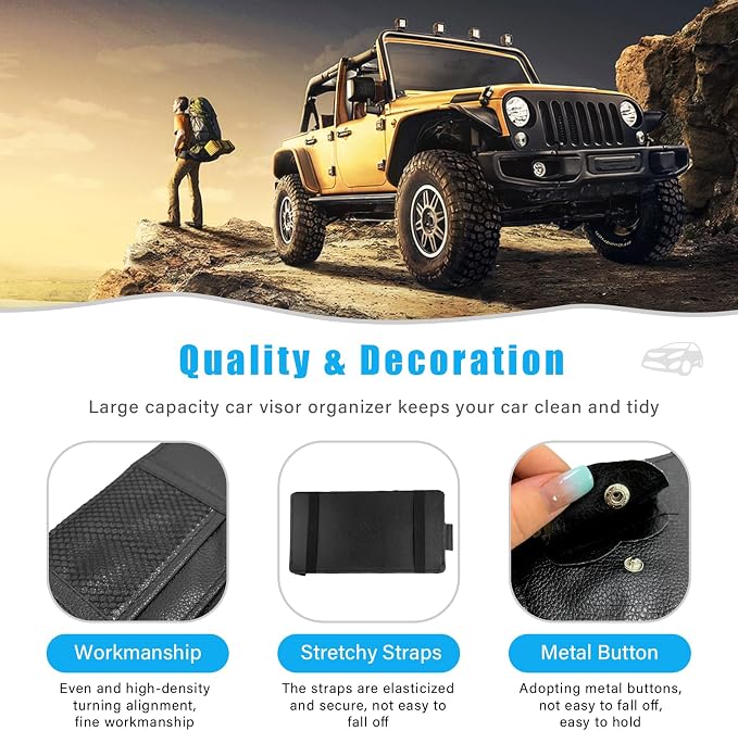 Car Sun Visor Organizer, Leather Personal Belonging Storage Pouch with Zipper, Car Visor Storage Pouch Sunglasses Holder, Auto Interior Accessories Pocket Organizers (Black)