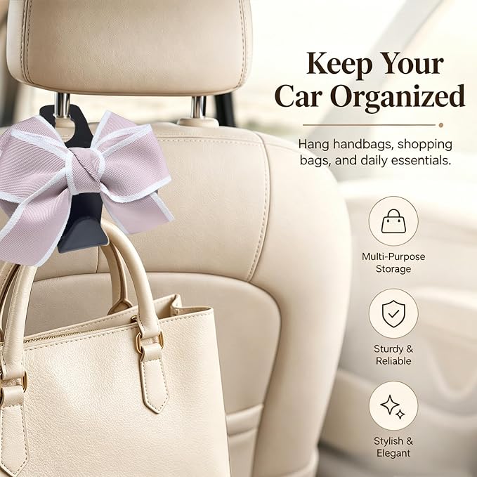 2 Pack Car Purse Hooks, Cute Bow Car Seat Headrest Hook Hanger for Purses and Bags, Space-Saving Car Accessory(pink)