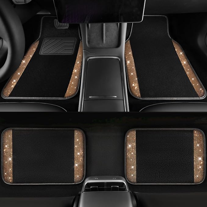 Bling Diamond Car Floor Mats, Shining Rhinestone Carpet Sparkly Glitter Crystal with Anti-Slip PVC Heel Pad Waterproof Universal Fit Automotive SUV,Sedan,Van,Cute Girl Women,4pcs Golden
