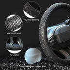 New Diamond Leather Steering Wheel Cover with Bling Bling Crystal Rhinestones, Universal Fit 15 Inch Car Wheel Protector for Women Girls Black Diamond