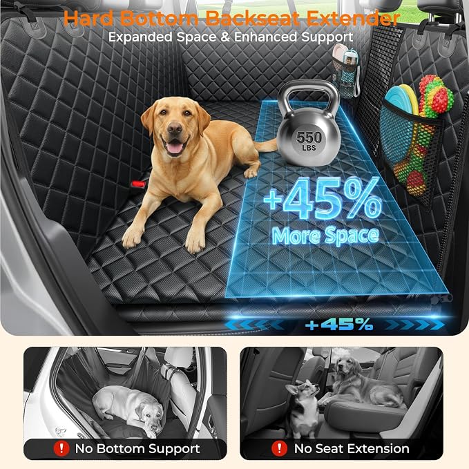 2026 Upgraded Back Seat Extender for Dogs - Large Hard Bottom Dog Car Seat Cover Holds 550lbs, Waterproof Dog Hammock Pet Bed with High-Density Foam Non-Slip Backseat Protector