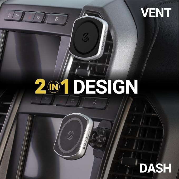 MP2DVM MagicMount Pro2 Magnetic Cell Phone Holder, Adhesive Car Dashboard Mount with Removable Vent Clip, Hands-Free Phone Stand Compatible with MagSafe, iPhone 16/15/14/13/12 Series and More