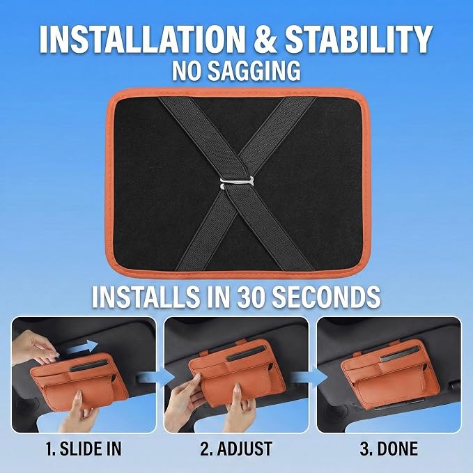Car Visor Organizer – Sun Visor Storage Pouch Holder for Vehicle Truck SUV, PU Leather Auto Interior Accessories for Registration Document, Gas Card & Sunglasses, Universal Fit (Oranger) | Keeps Registration, Cards & Sunglasses Neatly Within Reach