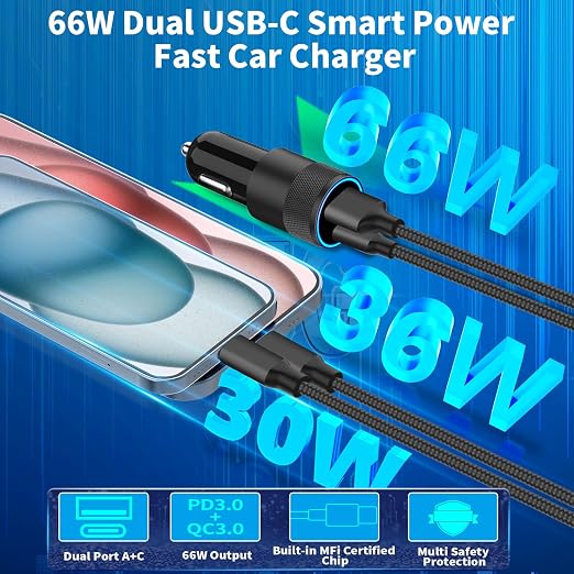 [Apple MFi Certified] iPhone 17 Car Charger Fast Charging, 2Pack 75W USB-C PD&QC Power Cigarette Lighter + Type-C Braided Cable for iPhone 17/17 Air/17 Pro/17 Pro Max/16 Pro/15/Galaxy/Pixel