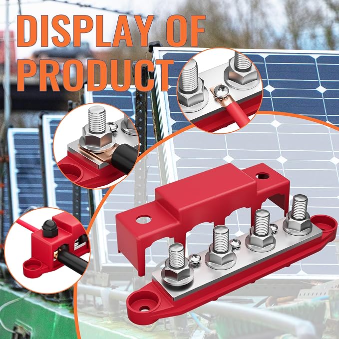 Power Distribution Block Bus Bar 12V 250A with 4 x 5/16"(M8) Studs Marine Bus Bar 12 Volt DC Battery Busbar Terminal Block for Automotive, Car, Boat, Solar Wiring - Negative&Positive