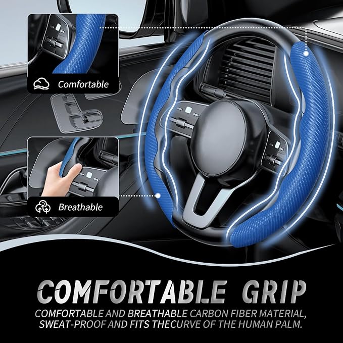 2pcs Car Steering Wheel Cover,Anti-Skid Carbon Fiber Steering Wheel Protector for Men Women,Multiple Color Options,Universal for Most Car Interiors Accessories (Bule)
